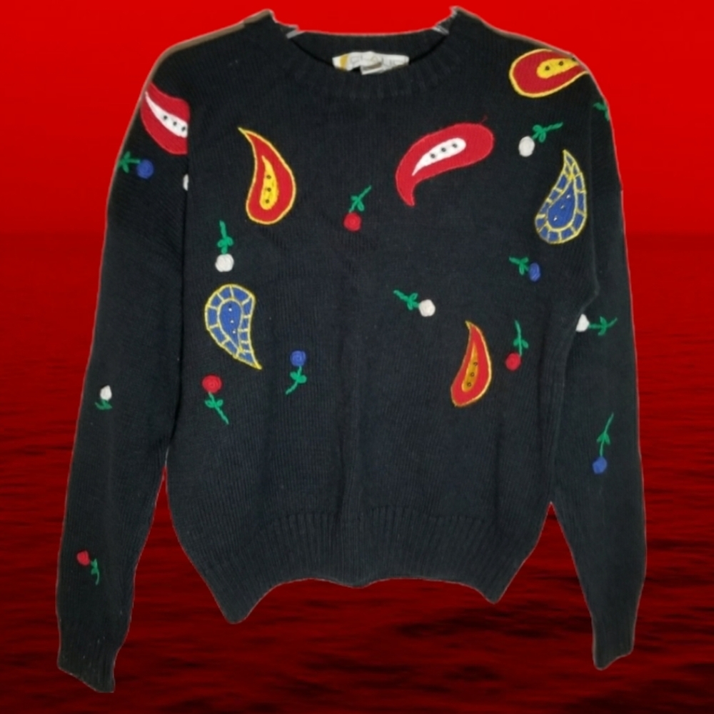 VTG 80s/90s Chaus black/Roses longsleeve Sweater - Picture 2 of 16